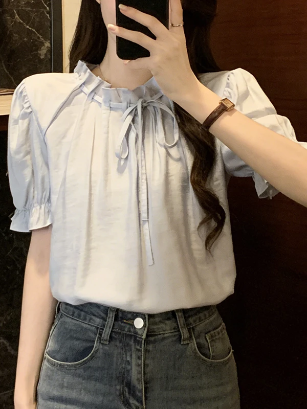 

plus Size Women's Summer 2026 Design Sensation Pleated Drawstring Tie Collar Short Sleeve Shirt Korean Style Commute Fashion