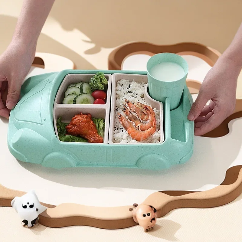 Car Shaped Children's Grid Plate Creative Three-pack Anti-fall Tableware with Water Cup Baby's Own Food Plate