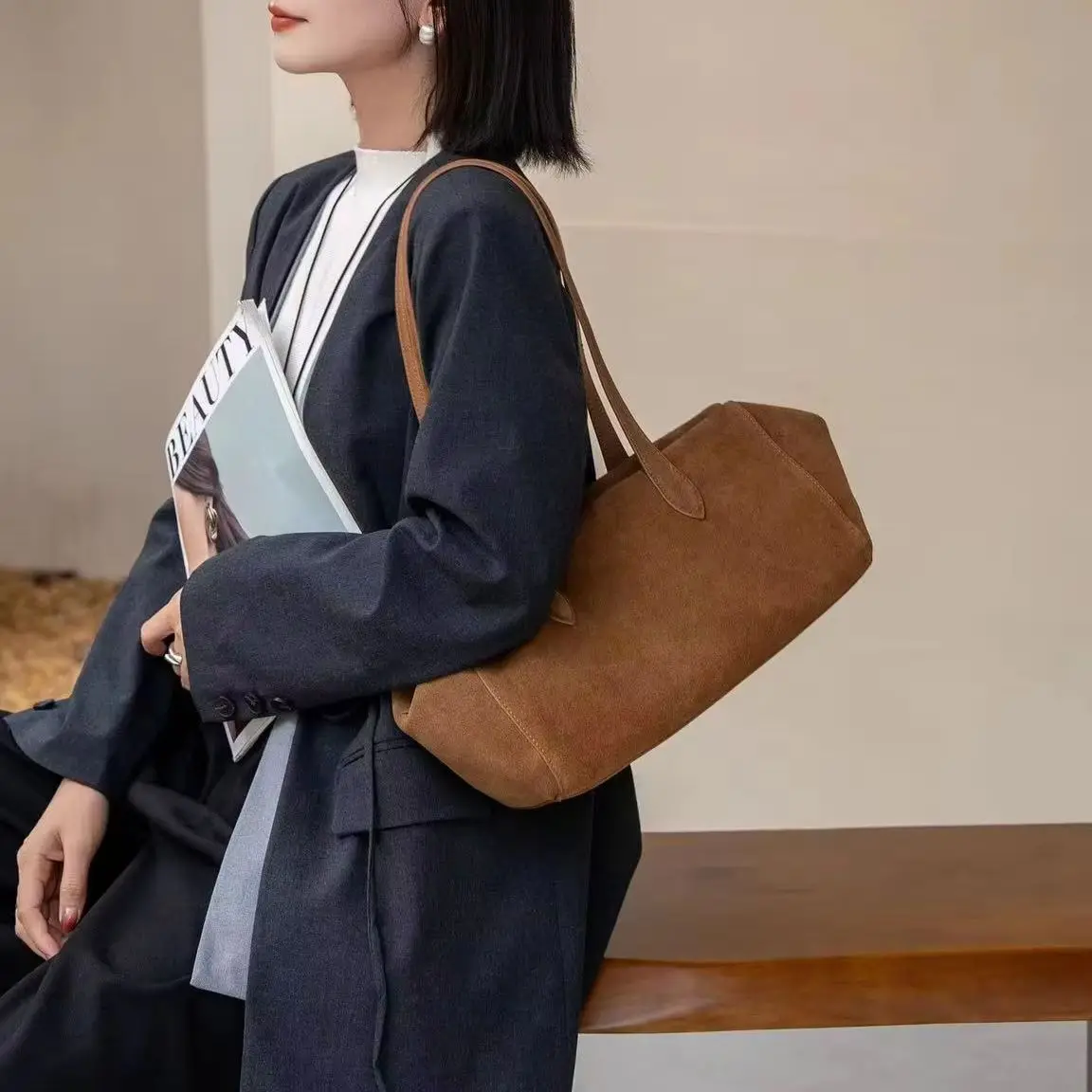 Women's Genuine Suede Leather Boston Bag Vintage Underarm Shoulder Bags Large Capacity Pillow Handbag Ladies Commute Tote Purse