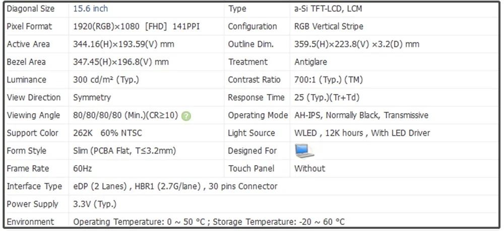 15.6 inch LCD Screen Panel IPS Slim FHD 1920x1080 141PPI EDP 30pins 60Hz Non-touch Antiglare 300 cd/m² (Typ.) LP156WF6-SPD1