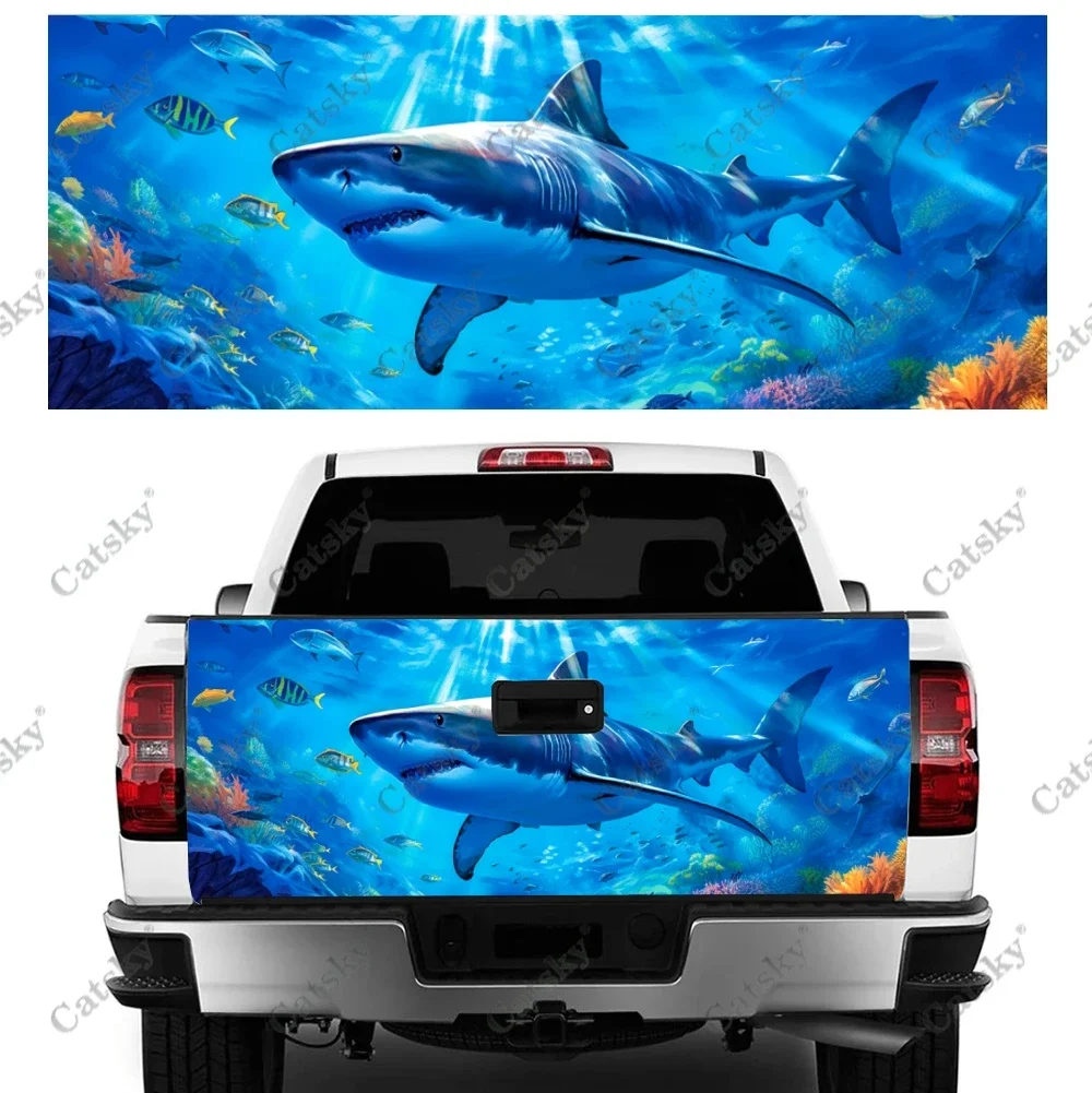 Angry Shark With Open Mouth Truck Tailgate Wrap Professional Grade Material Universal Fit for Full Size Trucks Weatherproof