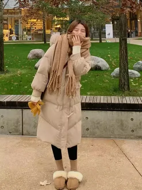 

Women's Winter Puffer Jaet White Du down Large Fur Collar Midi Loose Warm Button-Up Coat Commute Sle 90% down Fill