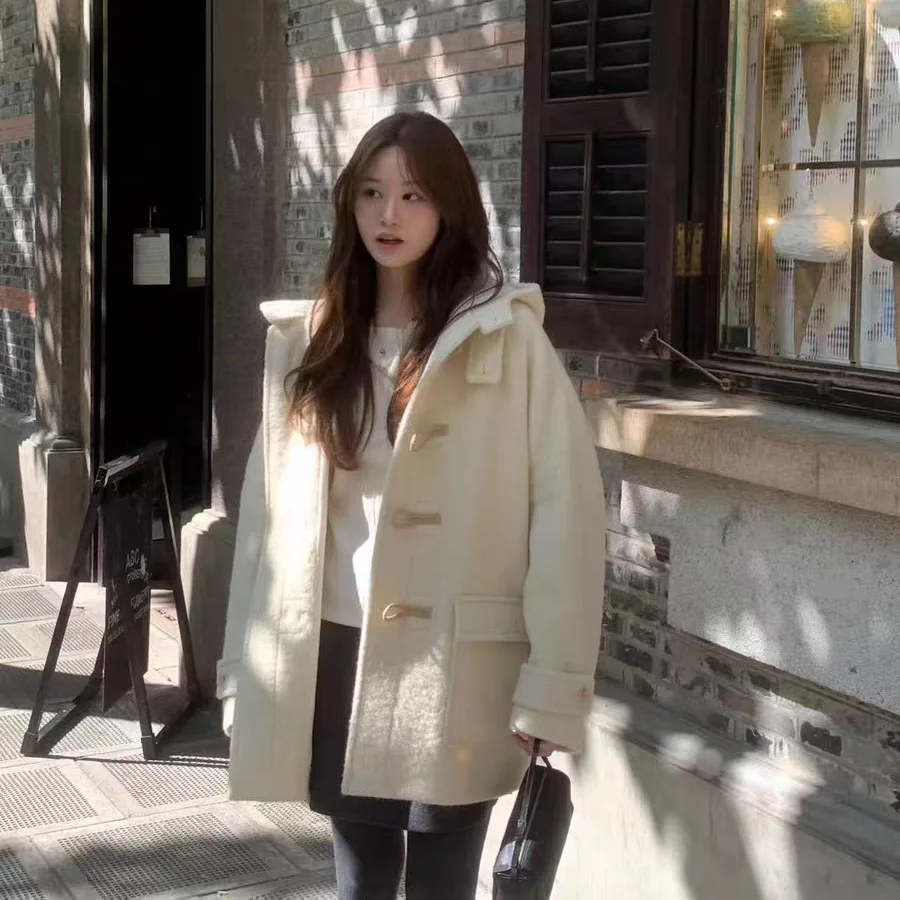 

Dongda Gate Ounce Винтажное пальто для колледжа на пуговицах с капюшоном Jaet из шерстяного материала Обычный тонкий зимний сезон