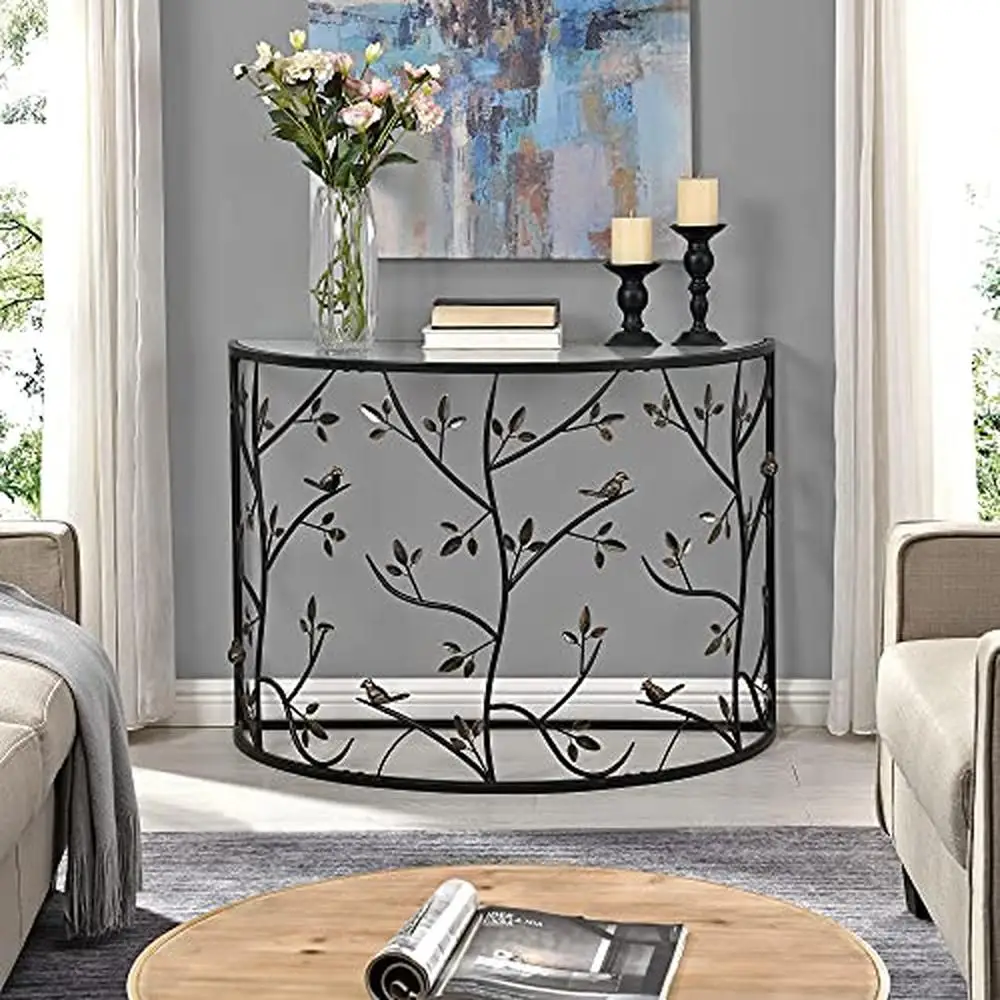 

Birds and Leaves Metal Console Table Glass Top Half Round Design Entryway Accent 40 x 19.25 x 29 inches