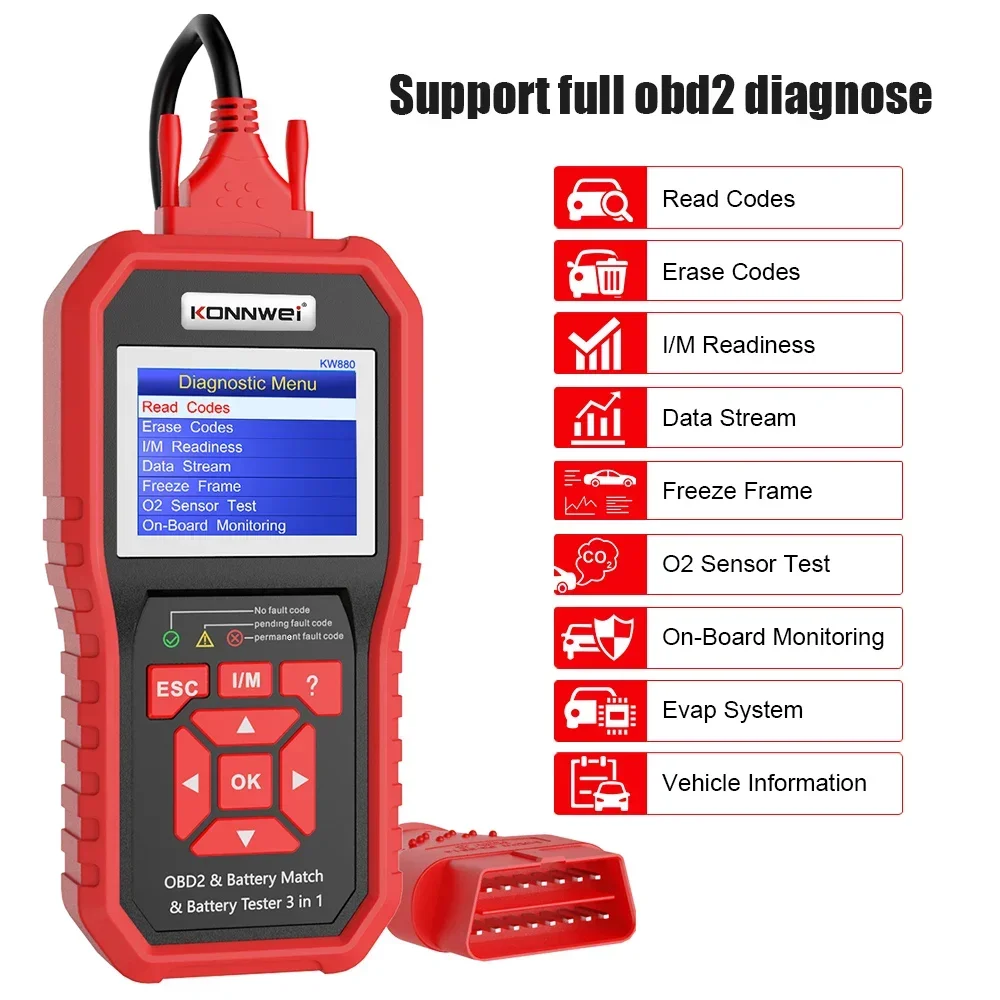 KW880 12V Car Battery Tester Analizer Auto Diagnostic Tool  Battery Match 3 in 1 Car OBD2 Scanner Full OBD2 Function