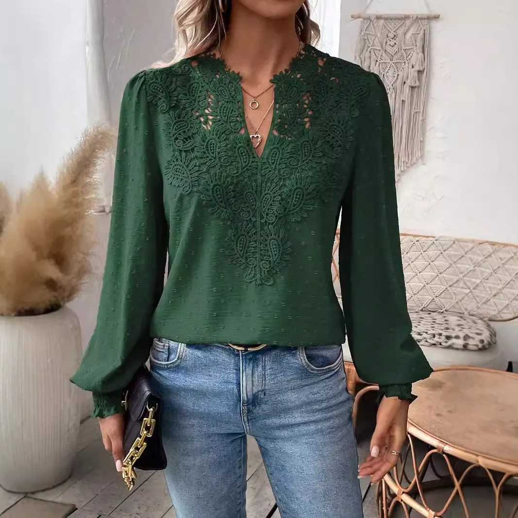 2024 Autumn V-neck Lace Splicing Solid Color Shirt Women Long Sleeve Casual Tops Fashion Office Lady Street Temperament Shirt