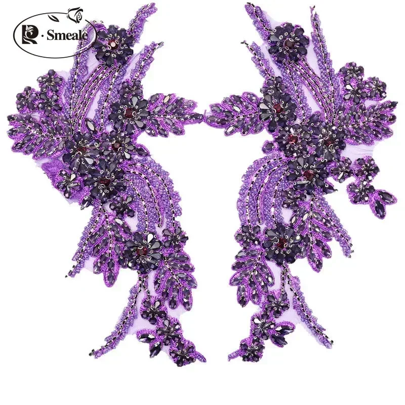 1Pair Multi-color Hand-sewn Glass Drill Mirror Flowers Sparkling Rhinestone Coats Waistbands Shoulders Wedding Dress DIY Patch