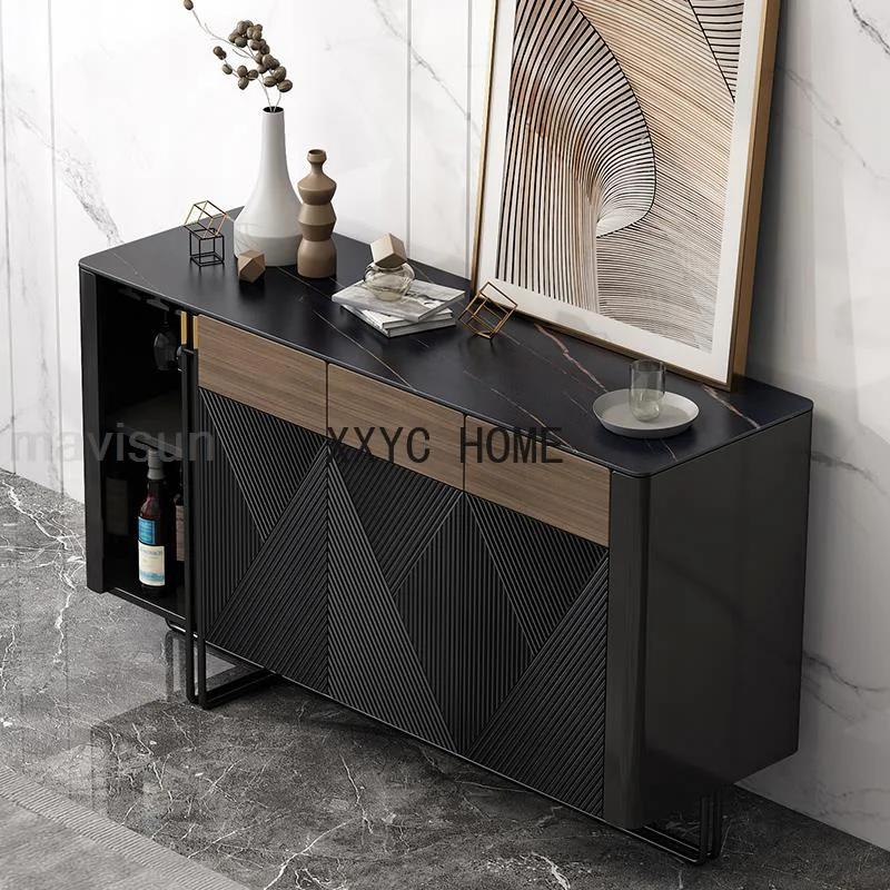 Black Sideboard For Dining Or Living Room Modern Home Furniture Rock Slab Table Top Cupboard Solid Wood Hallway Storage