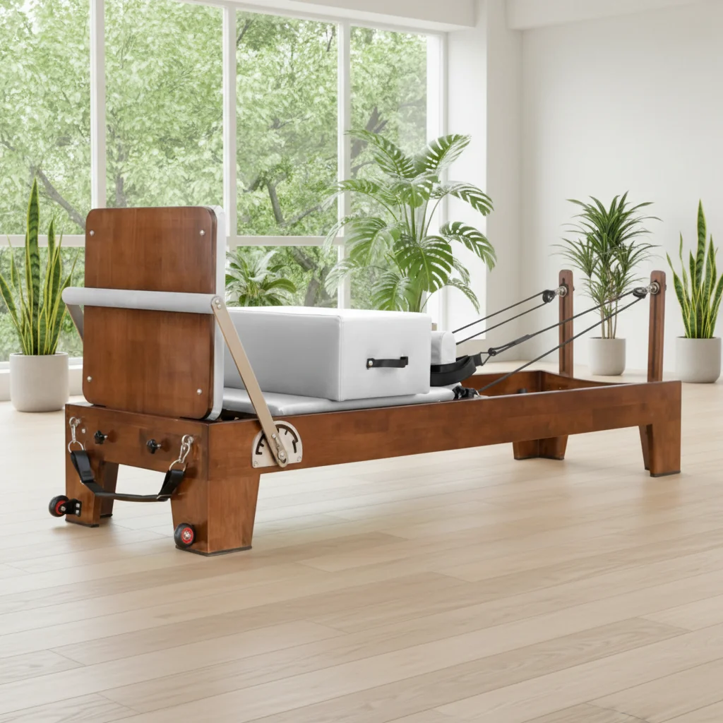 

High Quality Wooden Pilates Reformer for Home Gym Studio Core Body Fitness Bed with Aluminum Box Packaging Red Oak