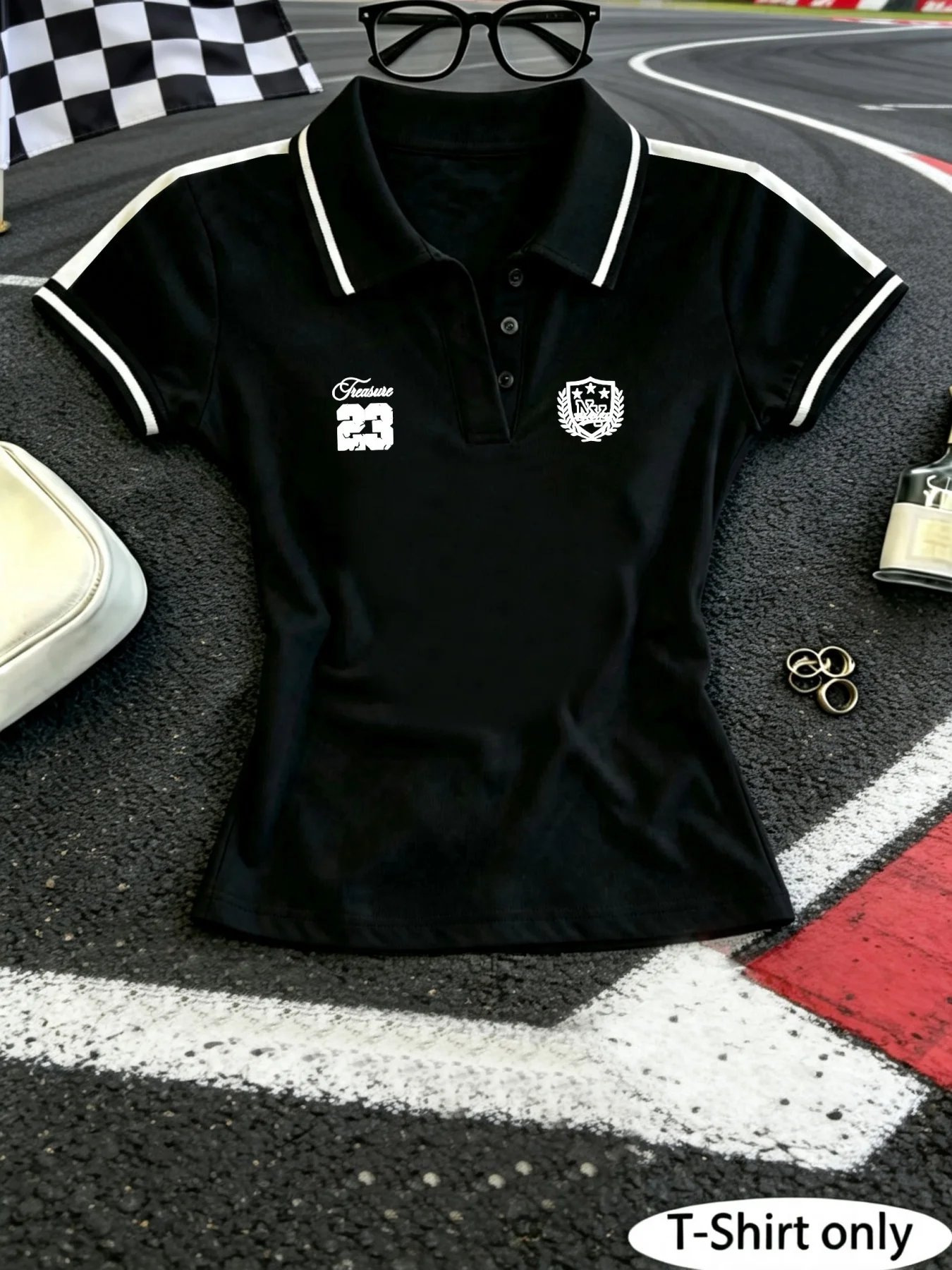 Women Y2K Cropped Polo Shirt, Number 23 & Badge Shield Print Short Sleeve, Contrast Stripe Slim Top for Daily StreetSportsCasual