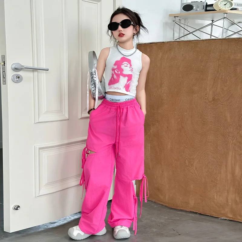 

2024 Youth Fashion Workwear Pants Summer Girls Casual Loops Loose Wide Leg Pants Princess Fashionable Bow Floor Dragging Pants