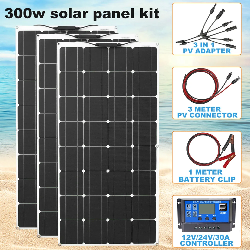 

100w 200w solar kit flexible 12v 300w solar panel monocrystallin home system kit complete off-grid 24v 200w used in rv car 12V