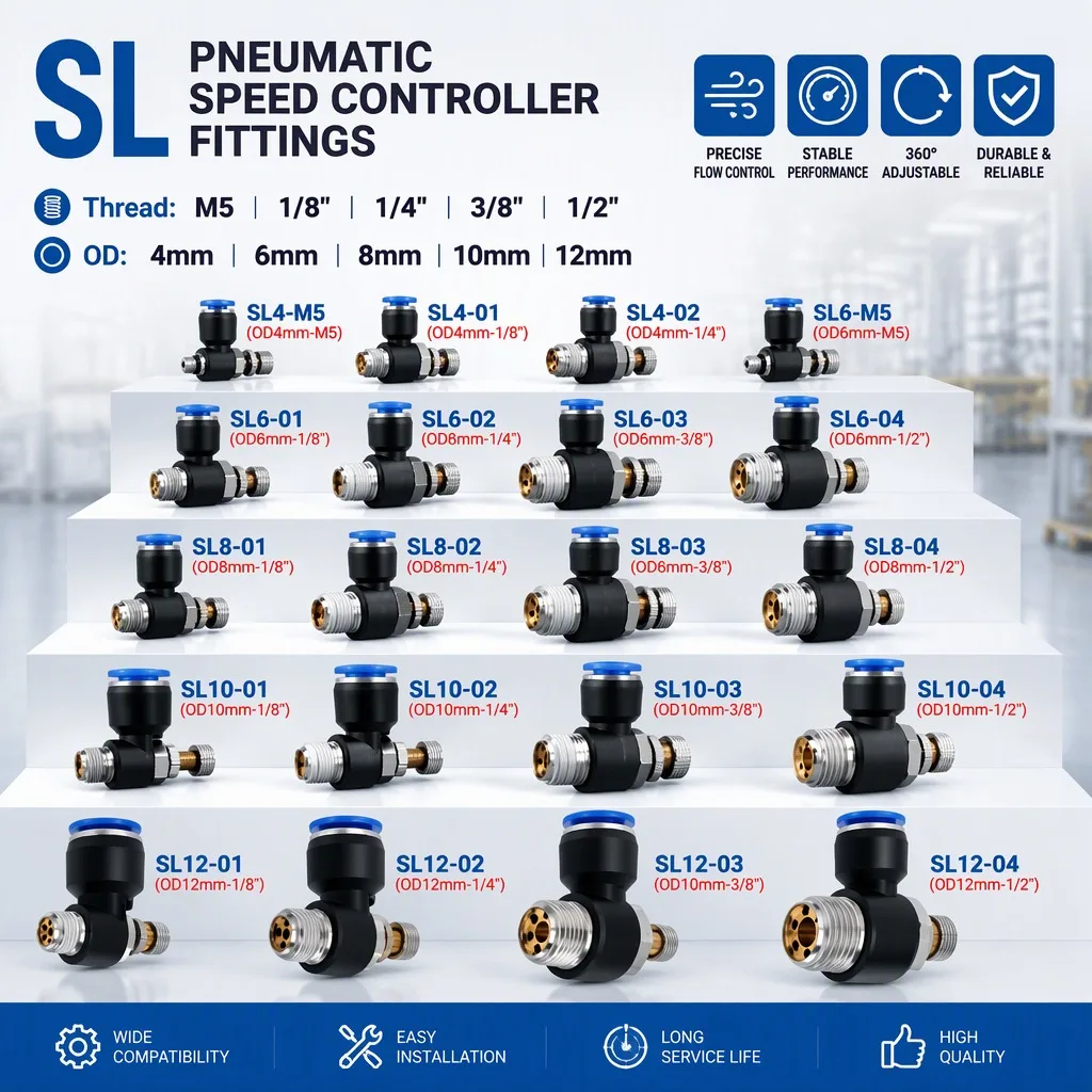 5PCS SL Pneumatic Throttle Speed Regulating Valve 4/6/8/10/12mm M5 1/8