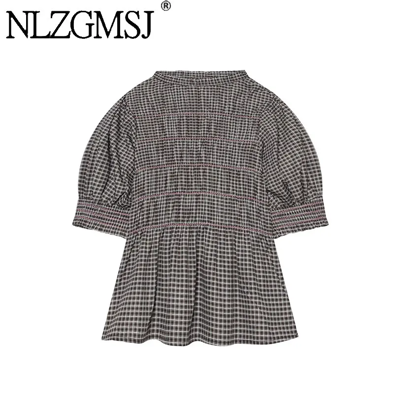Nlzgmsj Blusa de Verano 2026 Vintage a Cuadros con Mangas Abullonadas para Mujer, Top Peplum con Cuello Redondo y Manga Corta, Camisa Casual