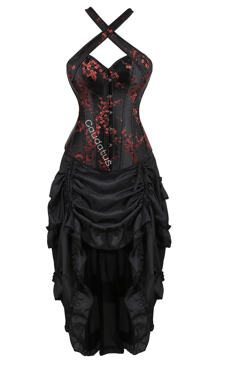 

Black Corset Dress Women Tutu Skrit Set Halter Lace Costume Party Sexy Burlesque Halloween Ladies Basques Outfit Plus Size Red