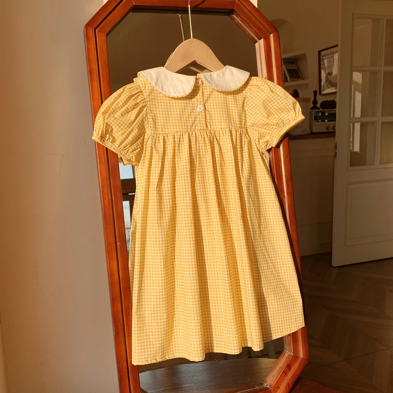 

Peter Pan Collar Duck Pattern Puff Sleeves Children Skirt Kid Girl Cute Short Sleeve Dress Yellow White Gingham Pattern White