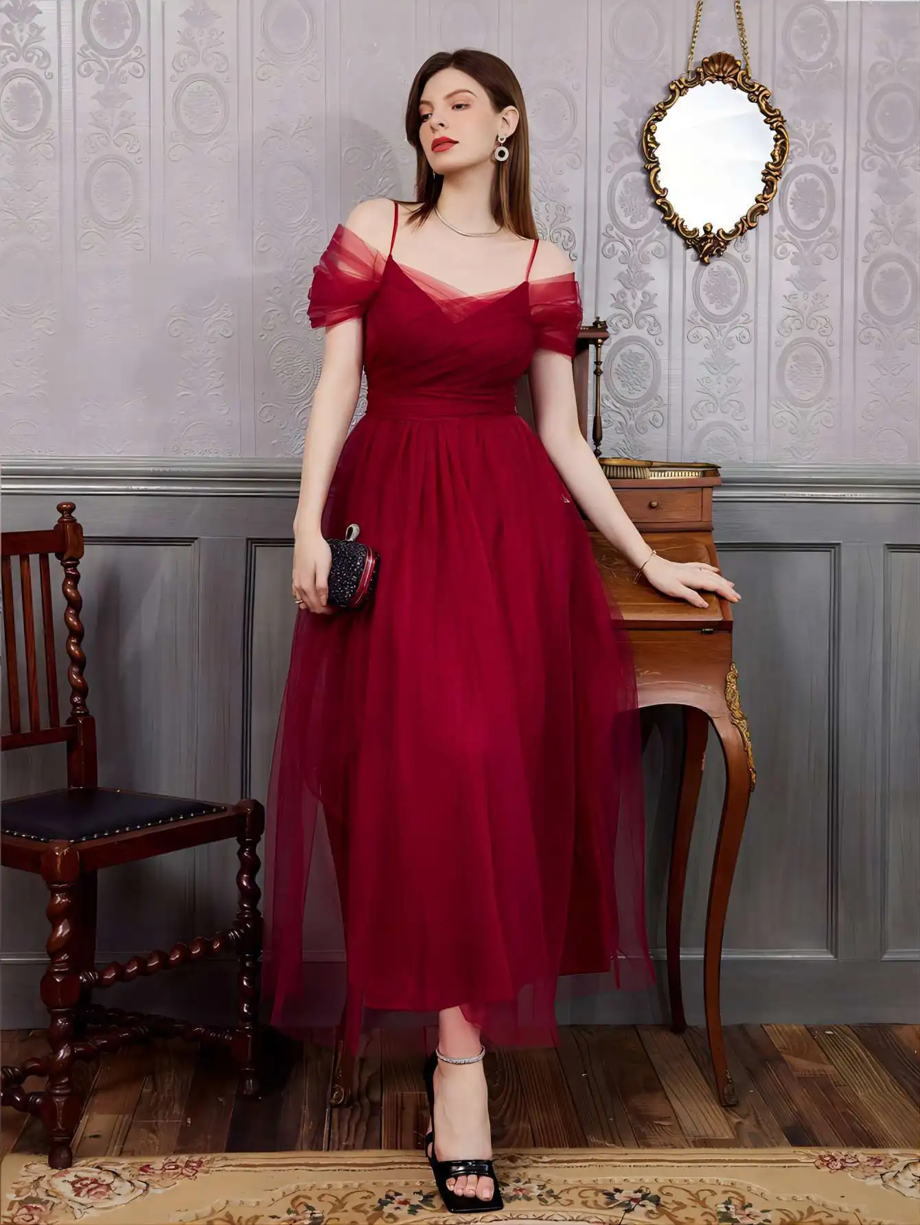 Moda nueva elegante mujer Primavera Verano vestido de malla con cuello en V señora ropa de boda A-Line Falda plisada chica regalo de fiesta Dr01