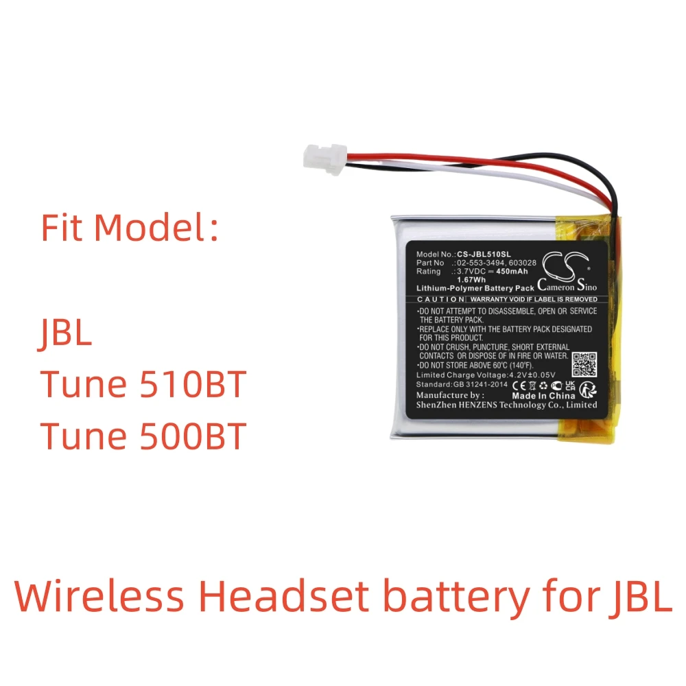 

Li-Polymer Wireless Headset Replacement Battery for JBL | 3.7V, 450mAh | Compatible with Models: Tune 510BT, Tune 500BT