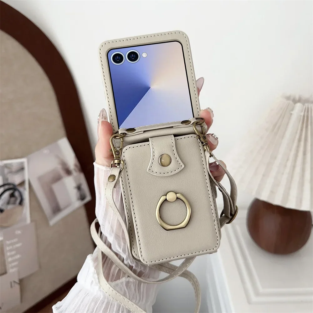 Ringkartenhalter Leder Brieftasche Handyhülle für Samsung Galaxy Z Flip 7 6 5 4 3 Flip7 FE Finger Crossbody Schutzhülle