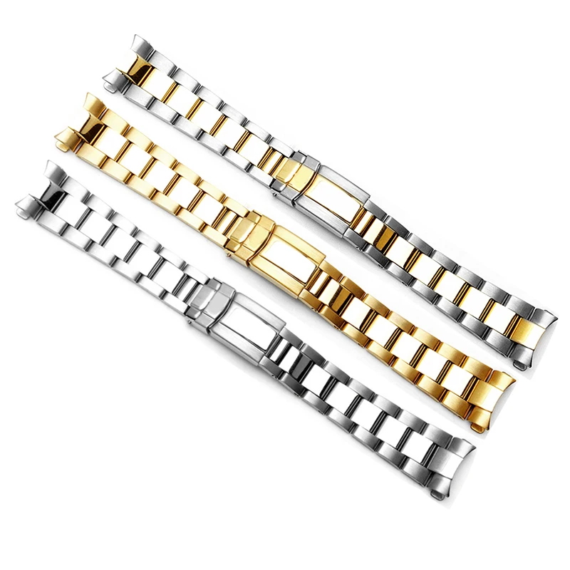 

20mm Stainless Steel Silver Gold Middle Gold Curved End Oyster Bracelet Watch Band Strap Fit for ROX Watch