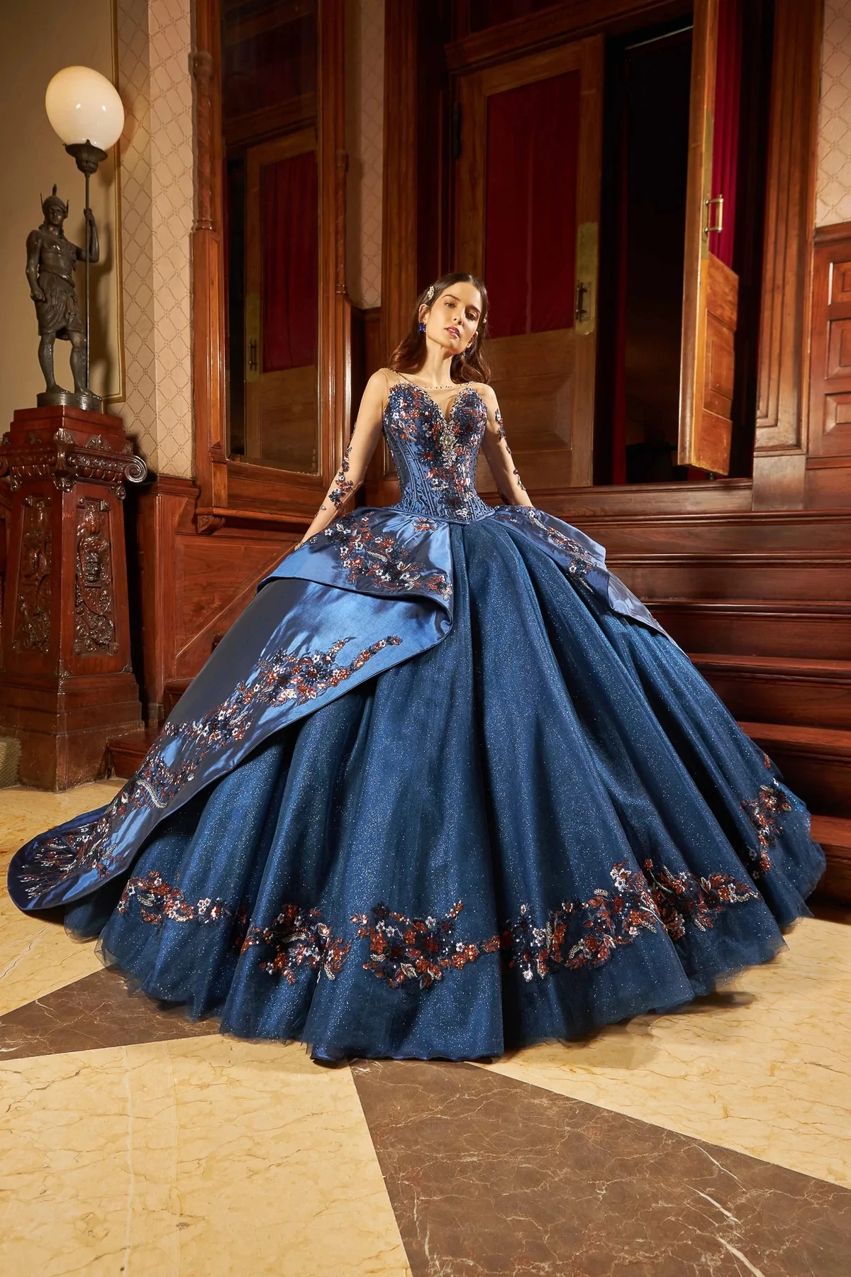 Azul charro quinceanera vestidos de baile mangas compridas tule apliques mexicano doce 16 vestidos 15 anos personalizado