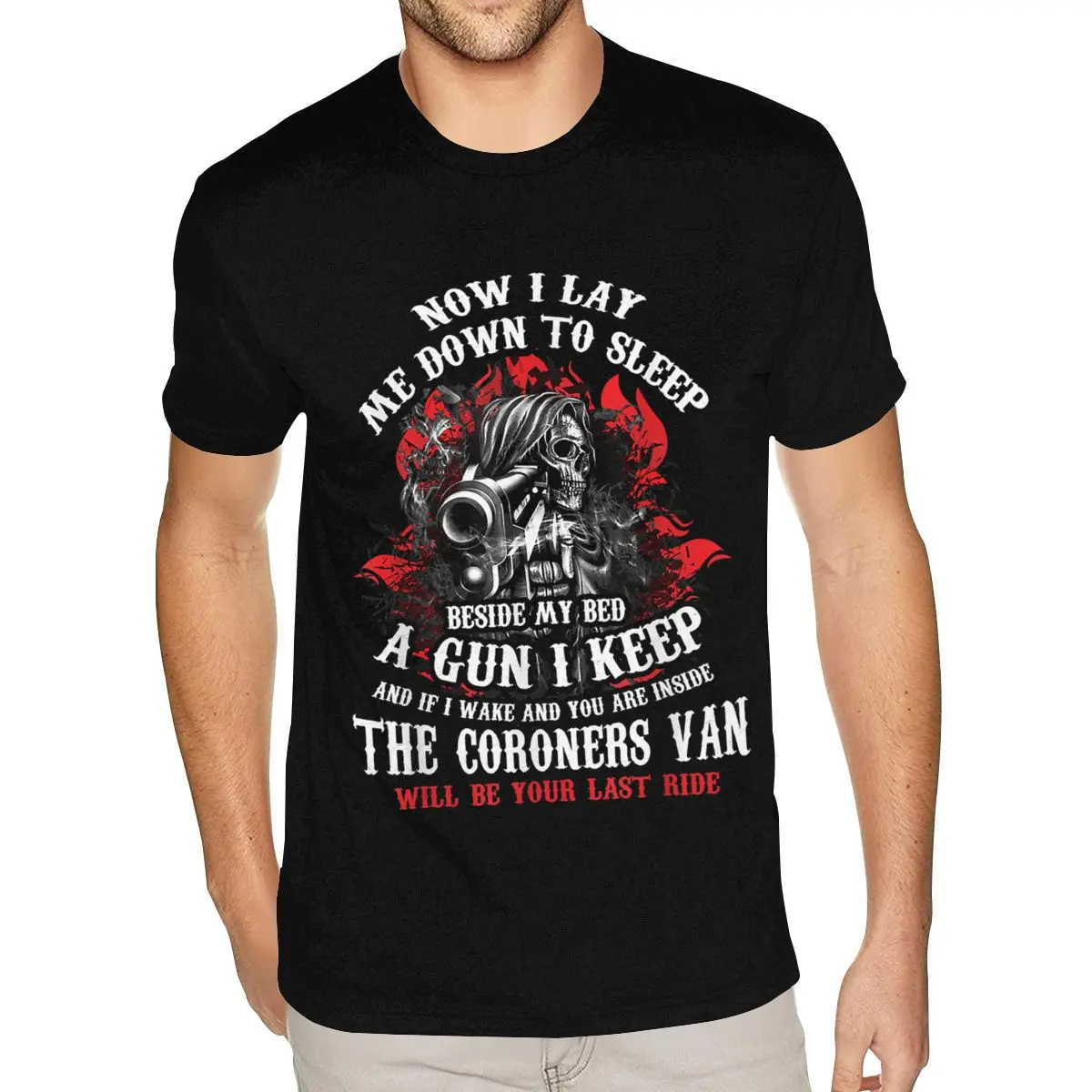 

New Now I Lay Me Down To Sleep Beside My Bed A Gun Lover Shirts Short Sleeve Cotton Men Over Size Black Tshirt