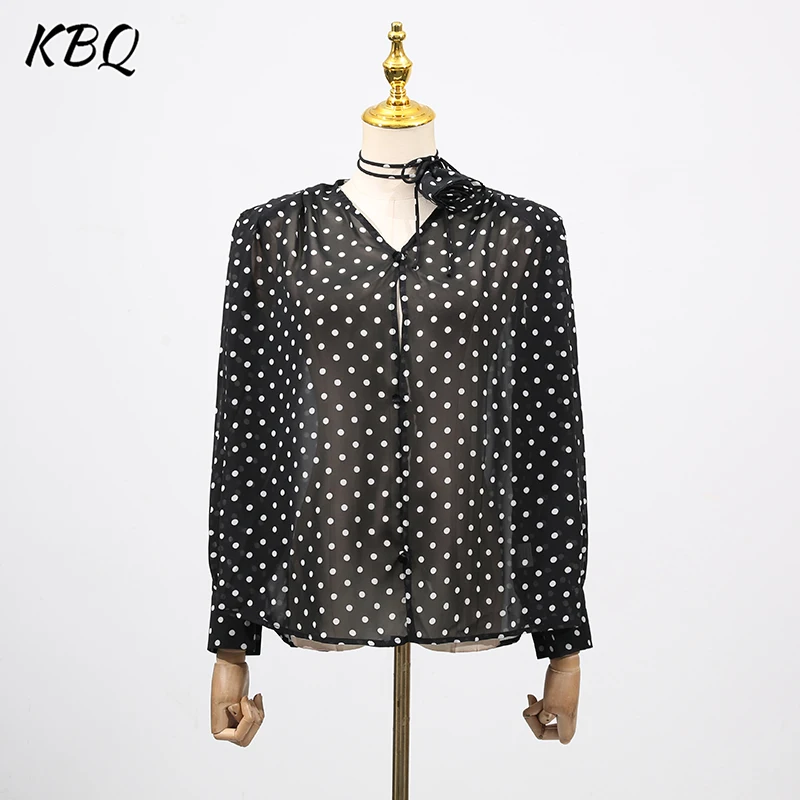 

KBQ Hit Color Dot Printing Loose Miniamlsit Shirt for Women Scarf Collar Long Sleeve Splicing Button Chiffon Shirt Female New