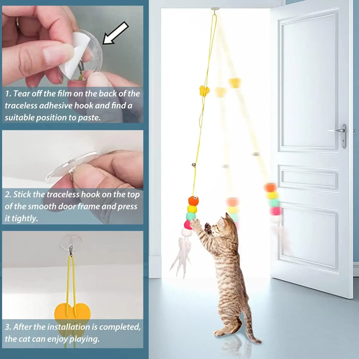 Interactive Door Hanging Cat Teaser Simulation Retractable Cat Feather Toy Supplies Self Play for Indoor Kitten Chase Exercise