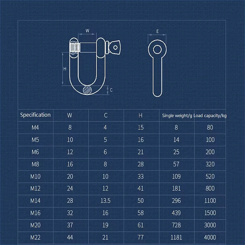 M4 M5 M6 M8 M10~M16 304 Stainless Steel Straight D Shackle D Rigging Shackle Hook  Lifting Ring Buckle Connection Fixed Chain