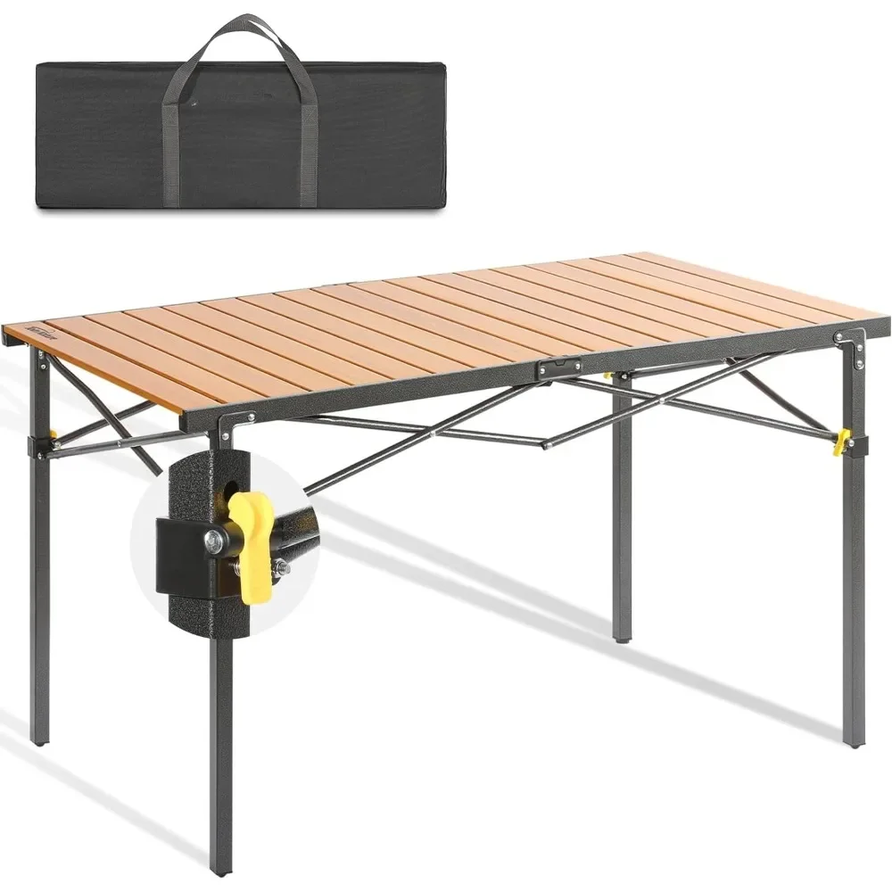 

Sturdy foldable camping table with rolled up aluminum roof, portable and stable picnic table, carrying 220 pounds with a handbag