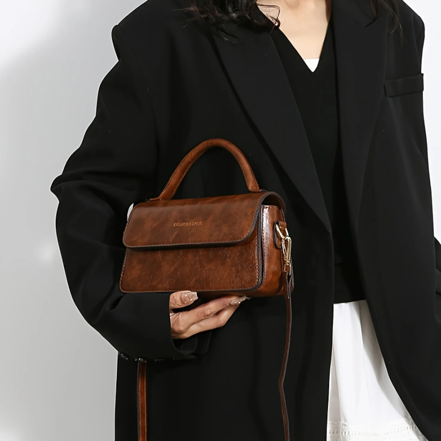 

Vintage Square Flap Crossbody Bag, Solid Color Handbag, Daily Shoulder Bag