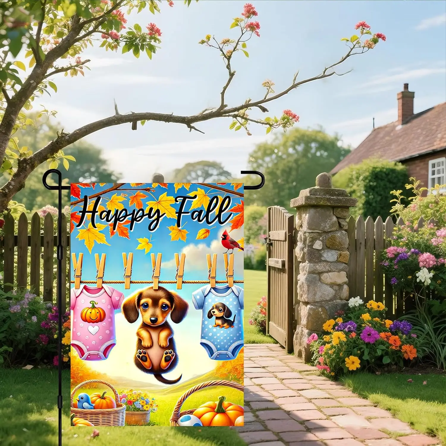 IVN Happy Fall Dachshund Garden Flag 12x18 Inch Double Sided Charming Dog Outdoor Yard Decor Patio Accent with Baby Outfits  yyi