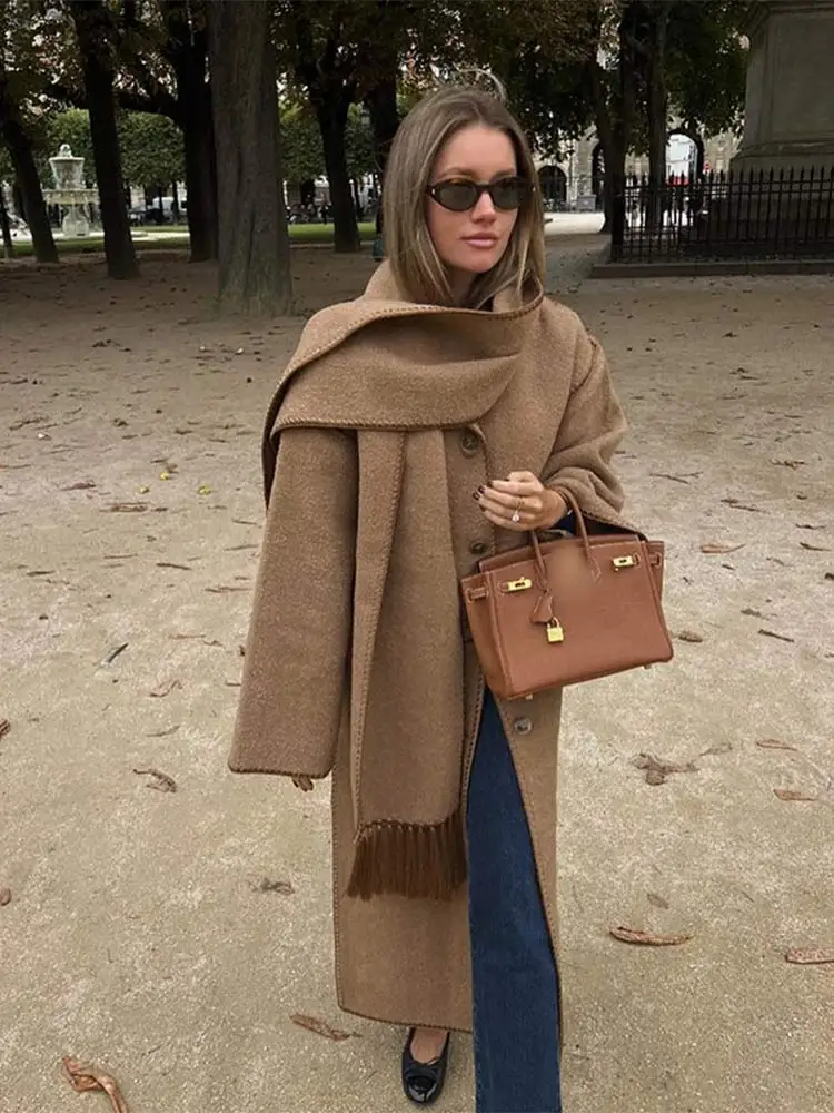 Elegant Brown Full Sleeve Single-breasted Long Woolen Coat Chic Patchwork Tassel Scarf Collar Coats Lady High Street Outswear