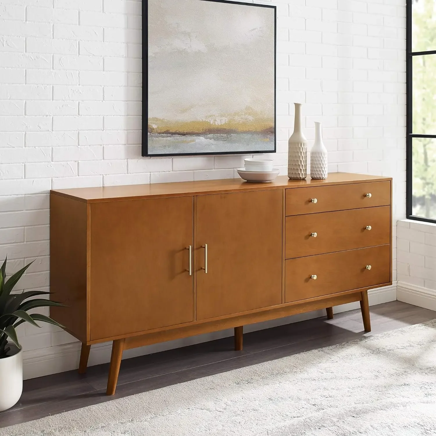 

Mid-Century Modern Wood Kitchen Buffet Sideboard Entryway Serving Storage Cabinet Doors-Dining Room Console,70 Inch,Acorn