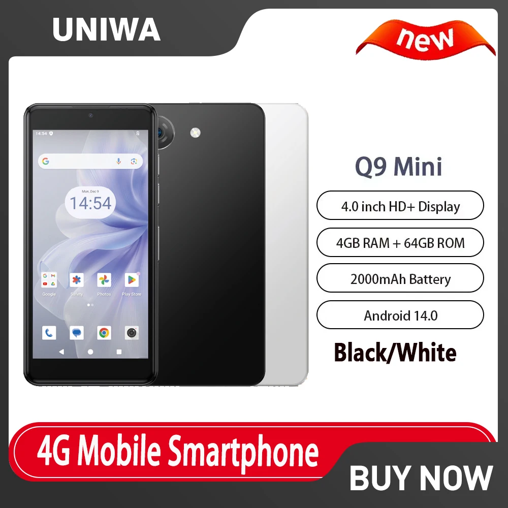 UNIWA Phonemax Q9 Mini Phone 4.0Inch QHD IPS Touch Screen Small Cell Phone 4G Android14 Small Smart Mobile 2000mAh Battery