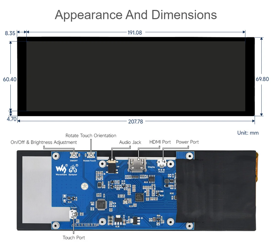 Tela de toque capacitiva LCD de 7,9 polegadas 400 × 1280 Interface de exibição HDMI, painel IPS, tampa de vidro temperado para Raspberry Pi