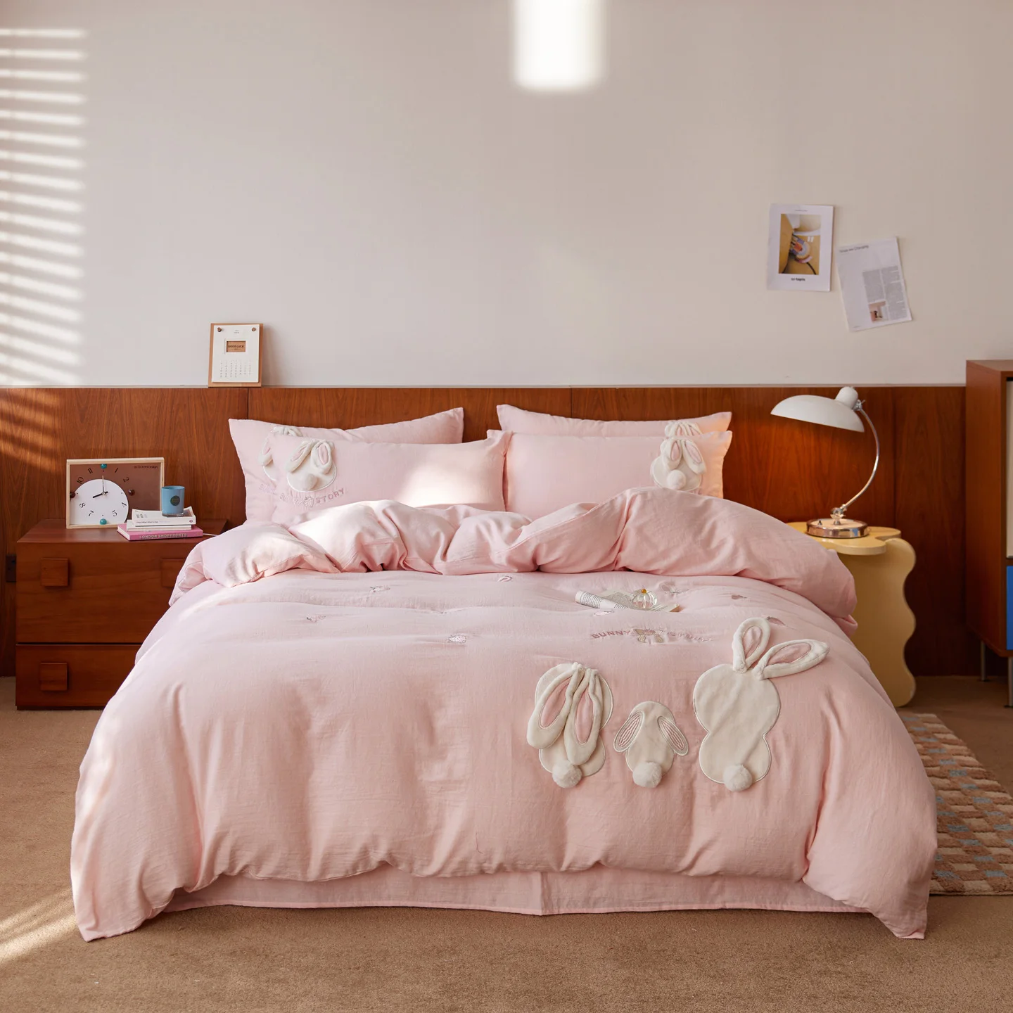 Pink Cute Rabbit Applique Embroidery 100% Cotton Bedding Set Washed Cotton Duvet Cover Flat/Fitted Bed Sheet Pillowcases 4Pcs
