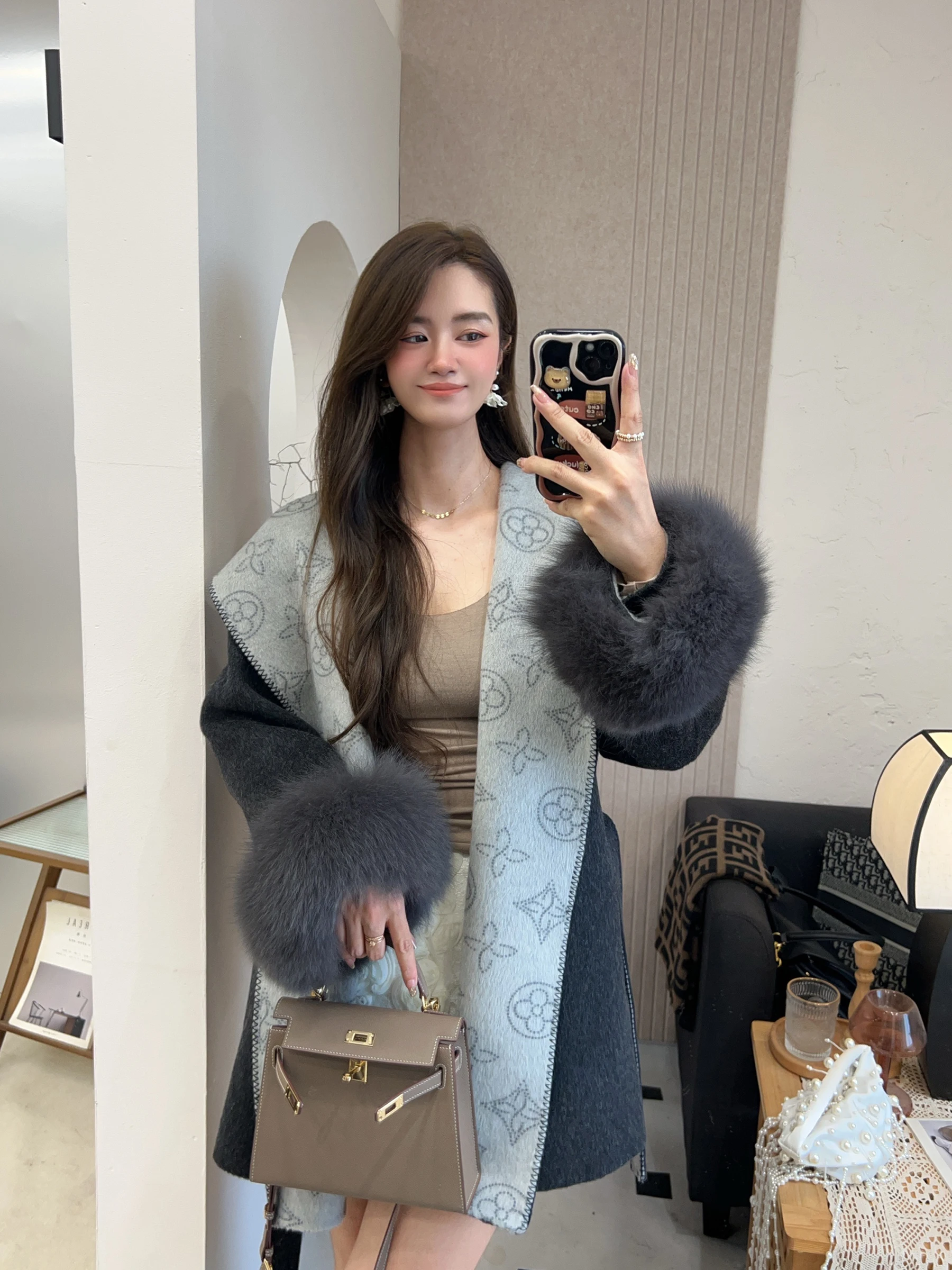 معطف صوفي جديد بغطاء للرأس مطبوع على الوجهين، معطف متوسط إلى طويل من فرو الثعلب للنساء