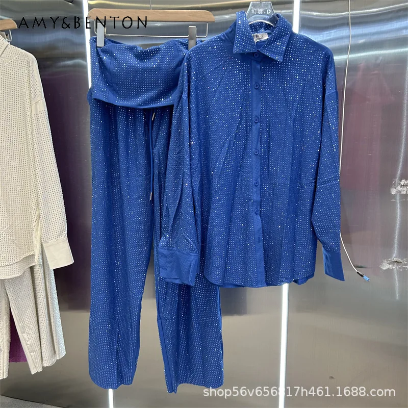 

Heavy Industry Full Diamond Drills Fashion Three-piece Long-sleeved Shirt + Inner Chest Wrap + Elastic Waist Wide-leg Pants Set