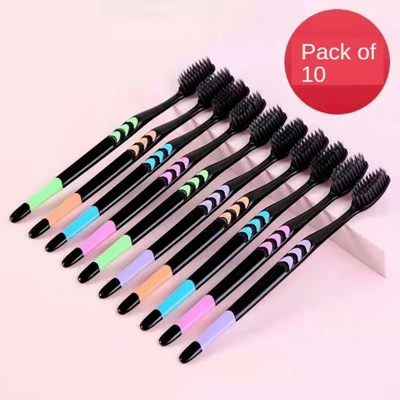 

10PC Personal Environmental Bamboo Charcoal Toothbrush for Oral Health Low Carbon Medium Soft Bristle Wooden Handle Toothbrush