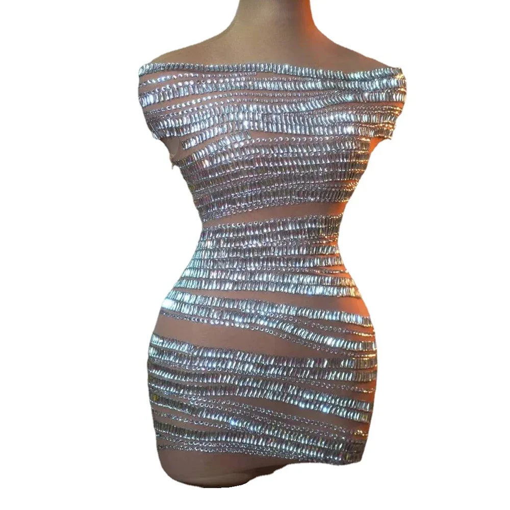 Funkelnde Diamant schulter freie kurze Kleid Frauen sexy Mesh durchschauen Party feiern Geburtstags kleid Fotografie Bühnen kostüm