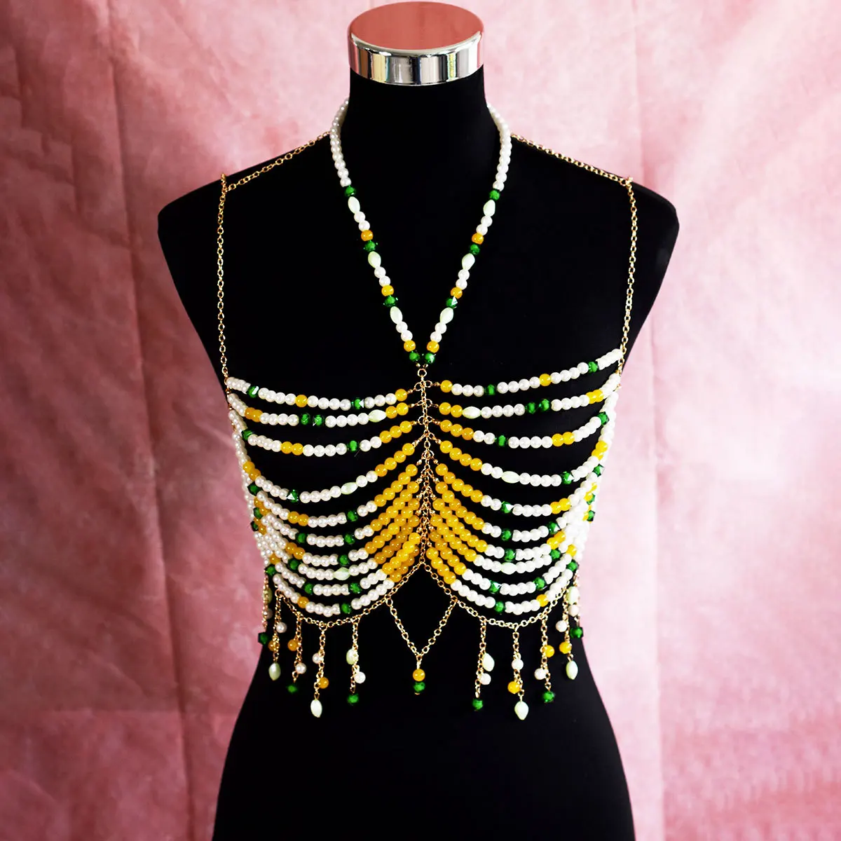 Sujetador con cuentas de colores mezclados, joyería de cadena, Tops cortos de Bikini, gafas de fiesta de espectáculo de lujo, Tops con cuentas, cadena corporal Sexy para mujer