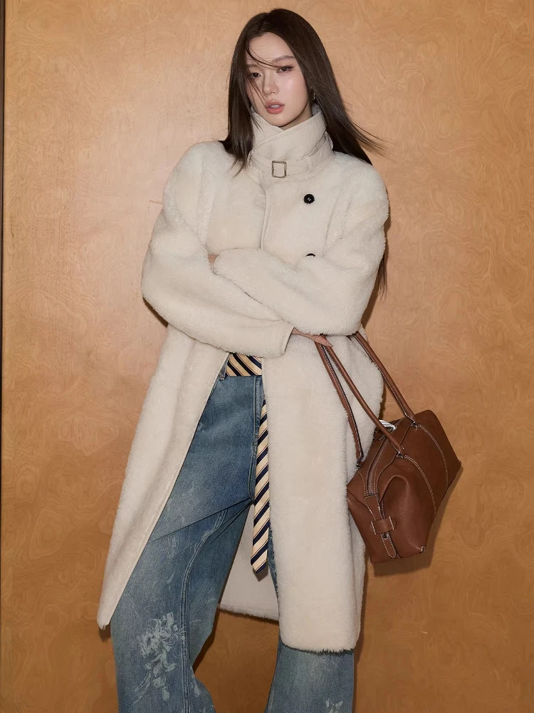 

High-end Luxury Merino Sheep Fur Lambswool Jackets for Women 2026 Simple Stand Collar Long Winter Genuine Leather Real Fur Coat