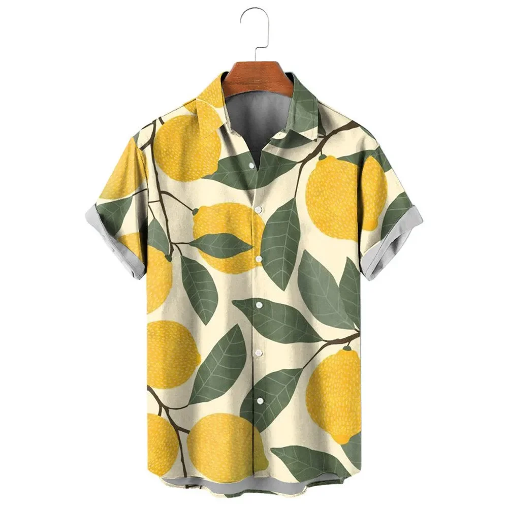 HX Fashion Men's Shirts Hawaii Bohemia Fruit Lemon 3D Printed Casual Shirt Short Sleeve Beach Shirt Men Clothing