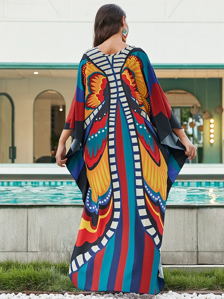 Neue bunte Schmetterling Vertuschungen Kaftane Strand kleid Kaftan für Frauen Tuniken Beach wear Robe V-Ausschnitt Badeanzug vertuschen Kleid Tuniken