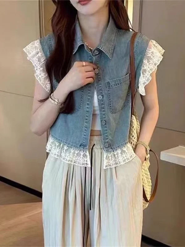 

Faionable Hollow out Denim Vest Women's Summer Small Size Lace Splice Thin Svel Vest Versatile ort Length Top