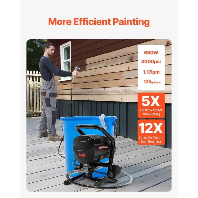 VEVOR Stand Airless Paint Sprayer, 650W High Efficiency Airless Sprayer, 3000PSI Electric Paint Sprayer Machine Extension Rod