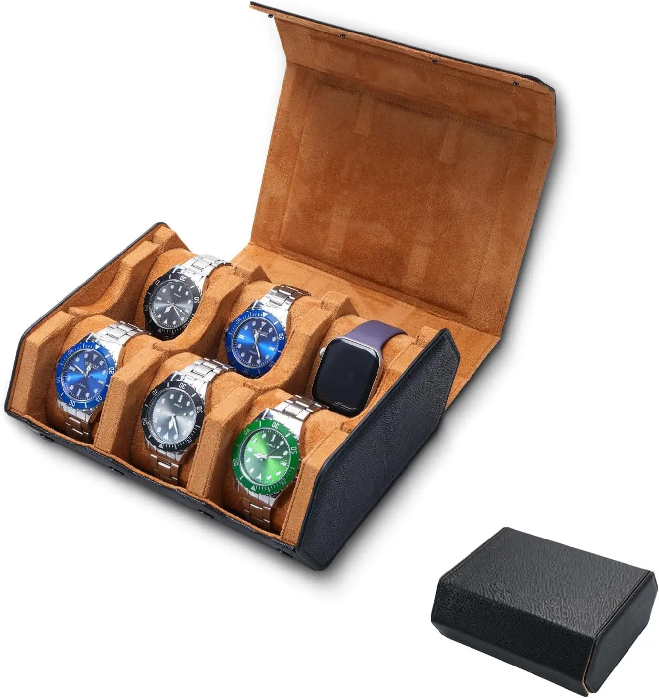 Men's Luxury Leather Watch Roll Travel Case & Display Organizer, Black/Brown