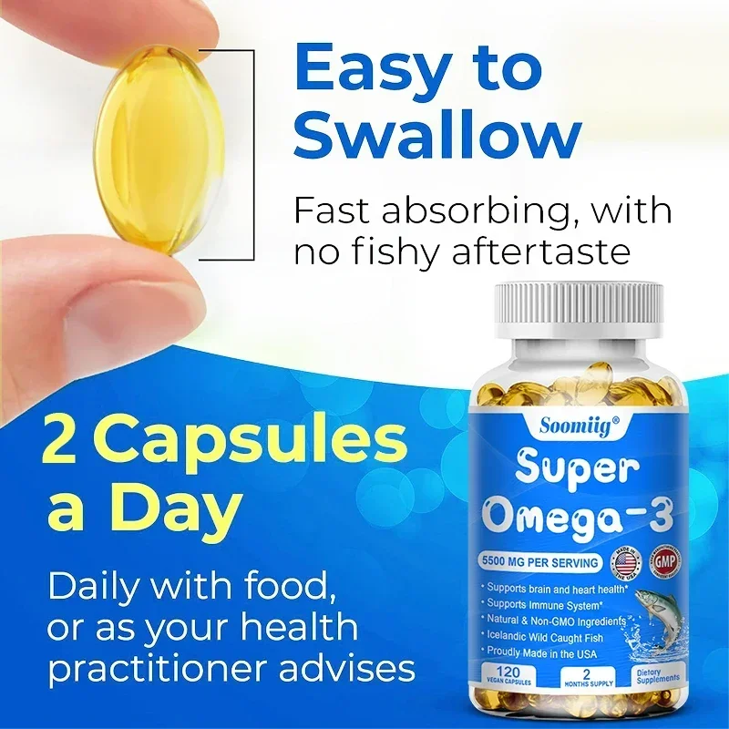 Super Omega 3 Fish Oil Capsules Support Brain & Cardiovascular & Skin Health, Antioxidant & Improve Memory，Nervous System Health