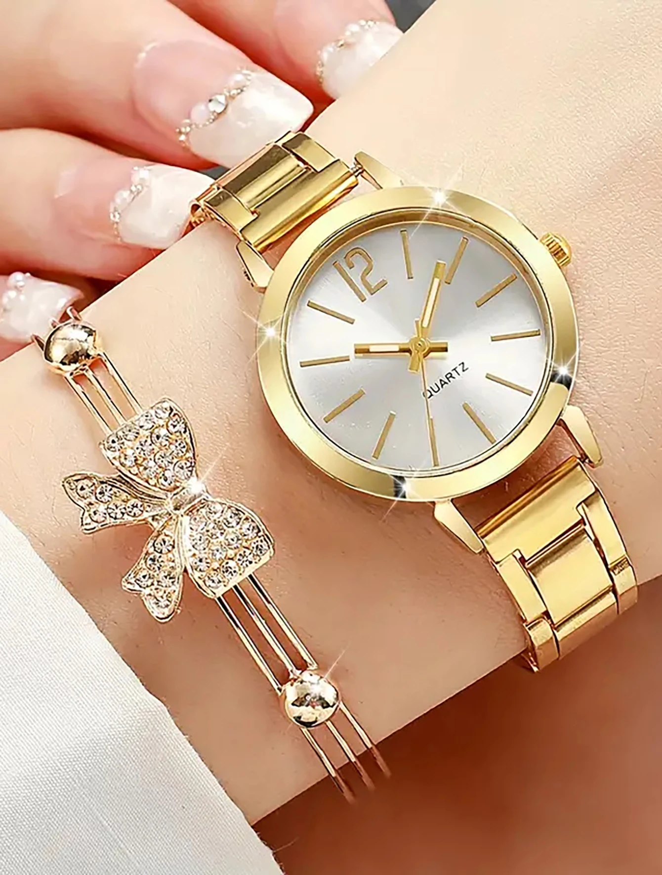 6pcs Fashion minimalist scale Ladies Alloy compact quartz watch with bow bracelet Necklace Ring Earrings set